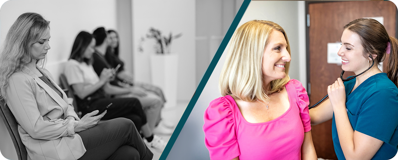 split image; left side depicts people in waiting room very bored, while the right shows happy patient being seen at Big Tree Medical