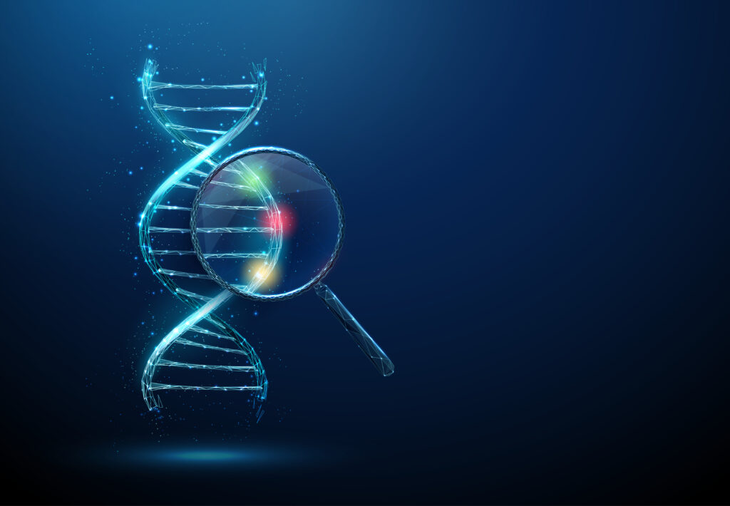 DNA strand under magnifying glass with red, yellow, green spots inside.